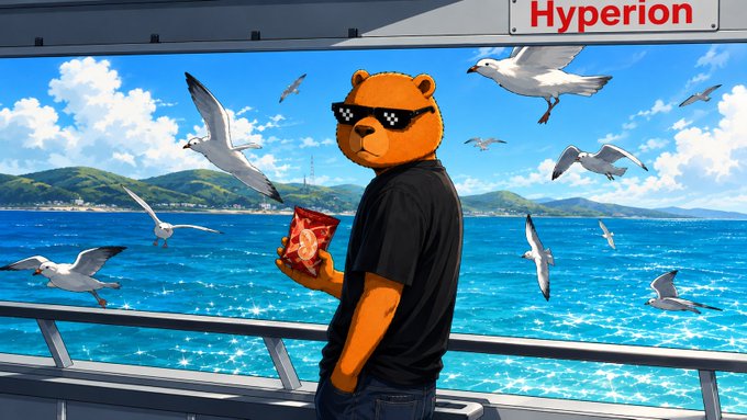 An anthropomorphic bear wearing pixel sunglasses holds a bag of chips on a ferry labeled "Hyperion," surrounded by seagulls over a bright ocean. The image relates to the post by capturing a fun, casual summer moment—evoking a leisurely vacation vibe that echoes the prompt's question about favorite summer experiences, possibly hinting at travel or enjoying time on the Aptos platform.