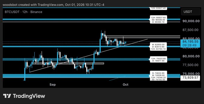 The image displays a 12-hour BTCUSDT candlestick chart on Binance showing Bitcoin's price consolidating around $84,195 with key resistance levels at $85,000 and $90,000. The chart, titled "woodsbot" and dated October 1, 2026, illustrates the recent price action trending upward from the $73,929 low in late September toward the $90,000 target referenced in the caption.