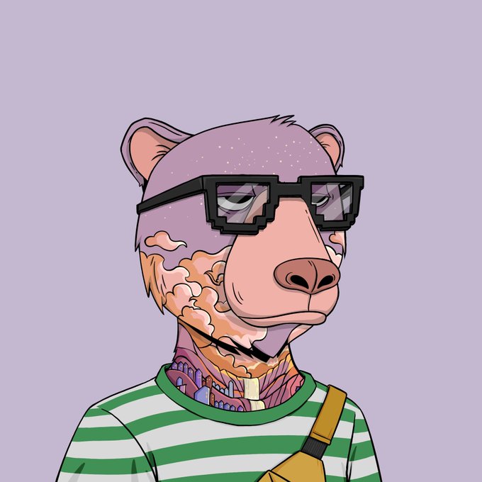 A cartoon illustration of an anthropomorphic purple bear-like figure wearing pixelated sunglasses, a green and white striped shirt, and a yellow crossbody bag.