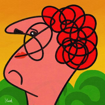 A vibrant, stylized pop-art illustration depicts a woman's face in profile with bright red curly hair, glasses, and red lips, set against a yellow and green background, signed "3 Nell" in the corner.
