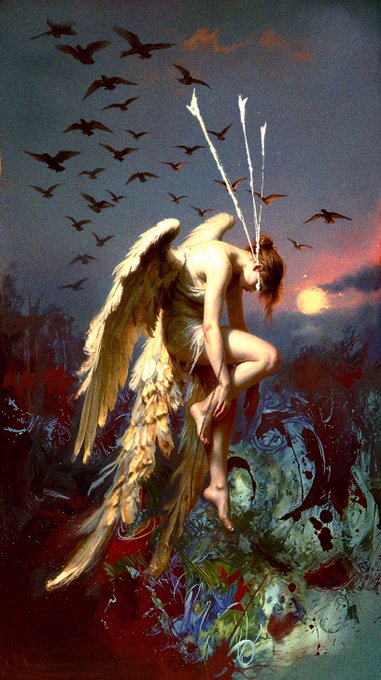A dramatic painting depicting a winged angelic figure with arrows piercing her back, crouched atop a skull surrounded by dark birds and splashes of red, set against a twilight sky.