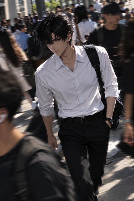 Anime-style illustration of a dark-haired man in a white dress shirt and black pants walking through a crowded street.
