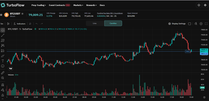 A cryptocurrency trading chart on the TurboFlow platform shows the BTC/USDT pair trading around $79,009.21 with a 24-hour change of -0.21%, displayed on a 5-minute candlestick chart.