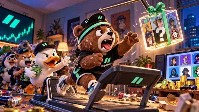 A colorful digital illustration of cartoon bears wearing hats and gaming gear running frantically on a treadmill, with a gacha capsule containing character cards, stacks of gold coins, and a 'PlayGame' monitor in the background.