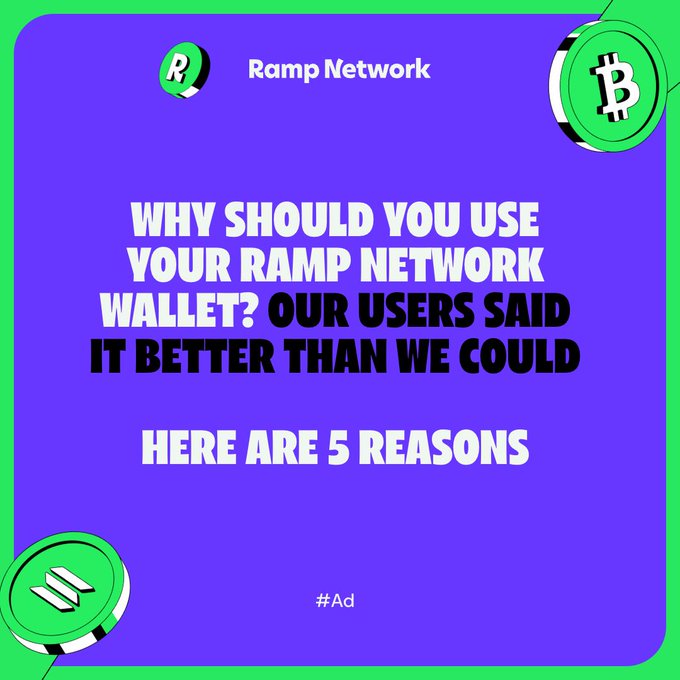 A promotional graphic for 'Ramp Network' wallet titled 'WHY SHOULD YOU USE YOUR RAMP NETWORK WALLET? OUR USERS SAID IT BETTER THAN WE COULD - HERE ARE 5 REASONS', marked as #Ad, featuring Bitcoin and Solana coins.