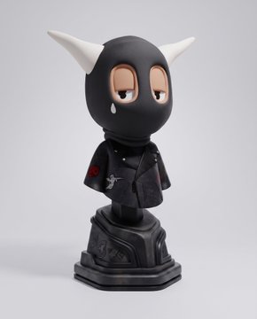 A collectible vinyl figure of a horned character dressed in a black ninja-style outfit with red details, mounted on a dark gray pedestal.