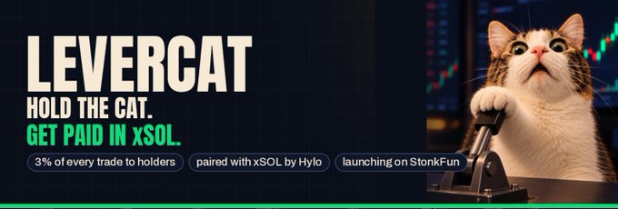 The image is a promotional banner for "LEVERCAT" featuring a cat operating a trading lever, with text highlighting "HOLD THE CAT. GET PAID IN xSOL," a 3% reward for holders on every trade, paired with xSOL by Hylo, and launching on StonkFun. The banner ties directly to the social media post promoting the LeverCat project.