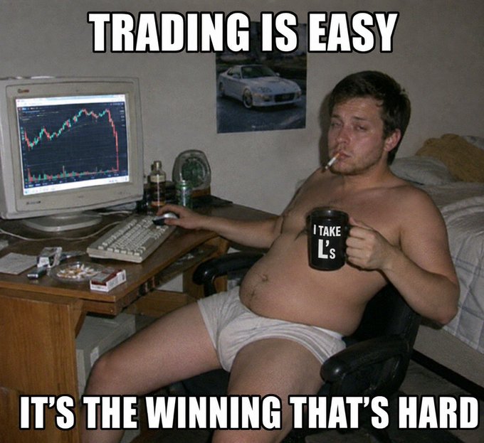 A meme featuring a man holding a mug on a video call, captioned "Yall really do get way too comfortable going online and saying whatever you want about people," posted by @MaceAhWindu on X.com, humorously underscoring the frustration of repeatedly taking trading losses ("stacking L's") despite public mockery.