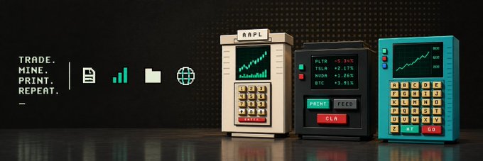 The image shows a dark banner featuring three retro-style miniature trading computer terminals alongside pixel-art icons (document, bar chart, folder, globe) and the tagline "TRADE. MINE. PRINT. REPEAT." The terminals display stock tickers (PLTR +5.34%, TSLA +2.17%, NVDA +1.26%, BTC +3.91%) with "PRINT," "FEED," and "CLR" buttons, alongside "RAPL" and "GO" labels.

This retro-finance aesthetic fits the giveaway post's crypto/trading theme, where the pixel-art computers reinforce the "Trade. Mine. Print. Repeat." slogan promoted by @Alpha_Radar__, tying the prize campaign to an Alpha Radar trading-themed brand identity.