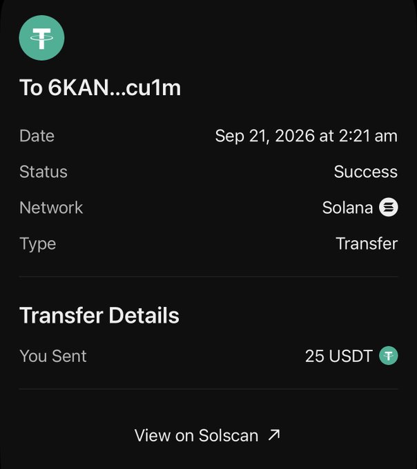 A transaction receipt showing a successful transfer of 25 USDT on the Solana network to address "6KAN...cu1m" on Sep 21, 2026, serving as proof of payment for the giveaway winner @Not_Toby mentioned in the post.