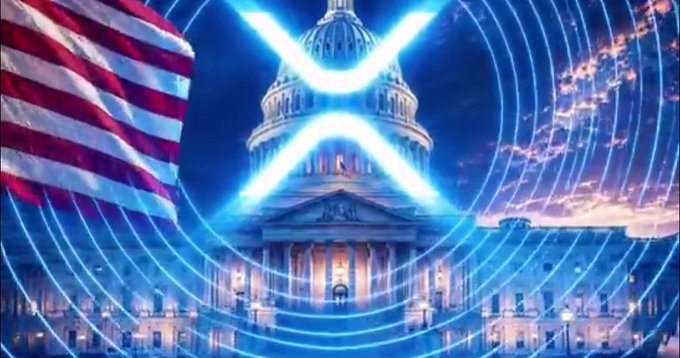 Image of the U.S. Capitol building with an American flag, overlaid with a glowing blue XRP (Ripple) logo and concentric circular patterns.