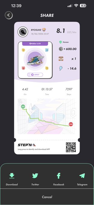 The image shows a screenshot of an app called "StepIn" displayed on a phone screen, which appears to be a fitness tracking app. The app has various features such as step counting, calorie tracking, and distance measuring. It also includes icons for social media sharing options like Twitter and Facebook. The post in the image is about a fitness challenge or goal, possibly related to StepIn, and it encourages users to share their progress on these platforms.