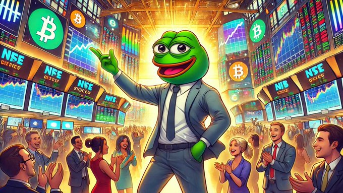 A cartoon frog character in a suit points triumphantly toward multiple Bitcoin (₿) logos and bullish cryptocurrency charts displayed on surrounding screens, with "NSE" branding visible, while a cheering crowd watches below. The image captures the euphoric, "to the moon" energy of the post's bullish $PEPE price predictions, using the Pepe mascot alongside cryptocurrency trading imagery to hype the anticipated bull run to $2.25–$25.