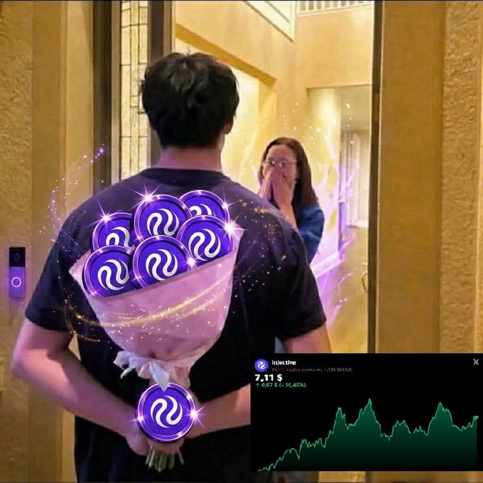 In the image, there are two people standing side by side. One person is wearing a black shirt while holding a bouquet of purple flowers in their hands, which has several coins attached. The other person appears surprised as they look back at the first person, who seems to be surprised as well. They both seem to be facing each other and are positioned close together. In the background, there's an image featuring a graph with various data points connected by lines that shows some information related to Bitcoin trading or currency values.