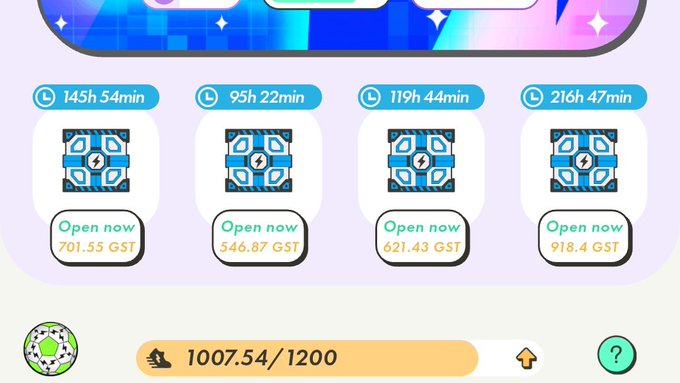 A STEPN app rewards screen displaying four open sneaker mystery boxes with time values (145h 54min, 95h 22min, 119h 44min, 216h 47min) priced in GST, with an energy bar showing 1007.54/1200.