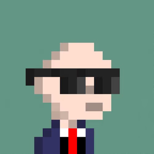 A pixel art character portrait of a bald man wearing large black sunglasses, a dark suit, white shirt, and red tie, set against a teal background.