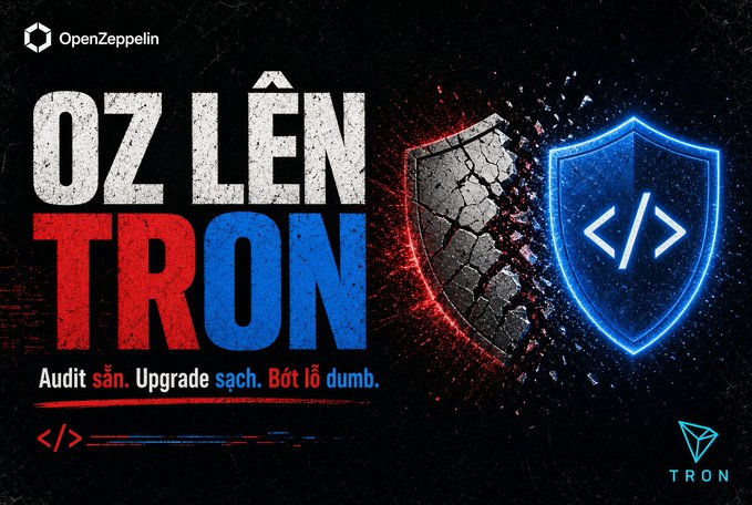 A promotional graphic for OpenZeppelin's security toolkit on the TRON blockchain, featuring the bold "OZ LÊN TRON" logo alongside a shield icon displaying code brackets, with Vietnamese tagline "Audit sẵn. Upgrade sạch. Bớt lỡ dừm" highlighting pre-audited contracts, clean upgrades, and fewer mistakes. The image visually reinforces the post's message about OpenZeppelin providing comprehensive security tools—including audited contracts, upgrade inspection tools, and a customized Wizard—for TRON developers.