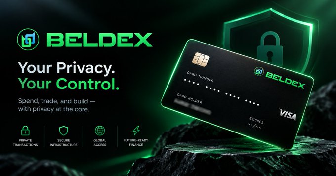 An advertisement for BELDEX featuring a dark green credit card design with the tagline 'Your Privacy. Your Control.' and icons for private transactions, secure infrastructure, global access, and future-ready finance.