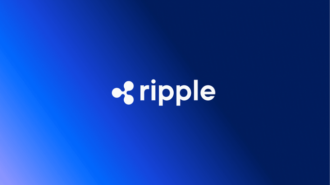 A minimalist logo design featuring a white interconnected circles icon next to the word 'ripple' centered on a blue gradient background.