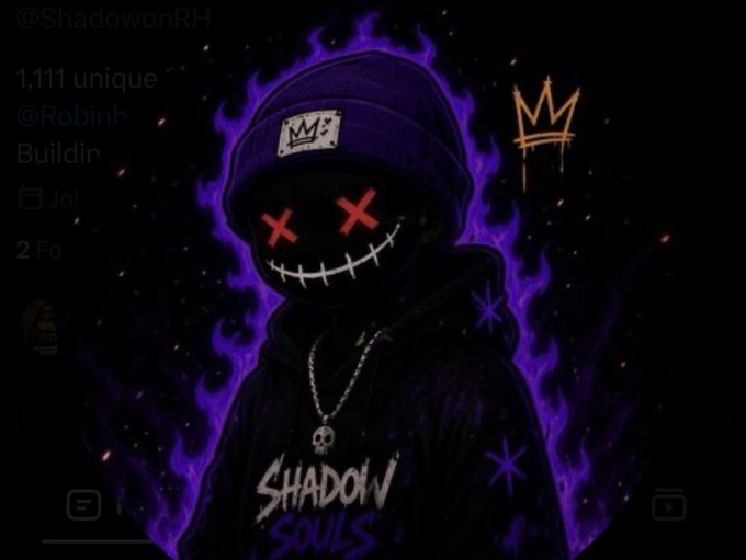 An illustration of a hooded figure with a stitched smile face and red X eyes, wearing a beanie and a skull necklace, surrounded by purple flames, with 'SHADOW SOULS' text on the hoodie and a username '@ShadowonRH' visible.