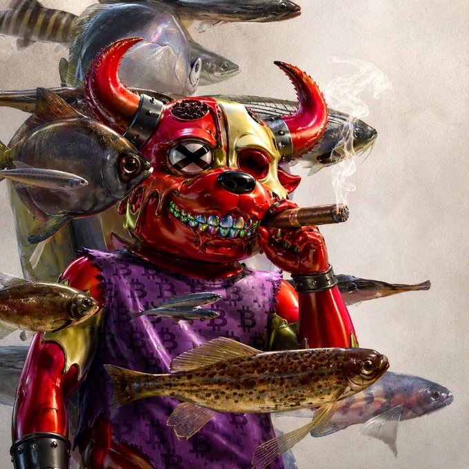 A horned red mutant figure wearing a purple "Bitcoin"-patterned tank top smokes a cigar while surrounded by various fish, fitting the "Mutant Monday" theme with a Bitcoin-influenced twist.