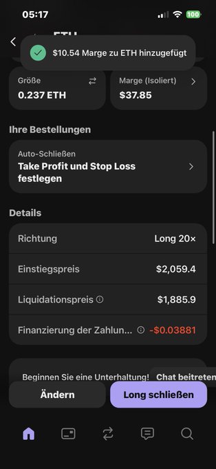 The image shows a cell phone screen displaying a summary of a cryptocurrency transaction, including details about the transaction amount, currency type, and the user's account balance. The text on the screen reads "Hab zcash geschlossen für $eth Marge Und den anderen". This suggests that the person who set up this transaction is interested in using Bitcoin or another cryptocurrency for their financial transactions.