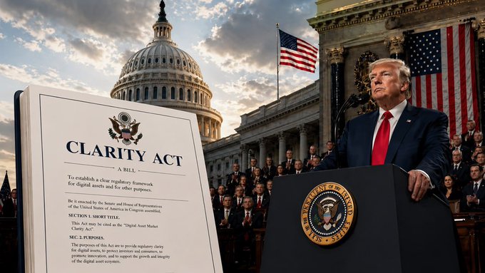 A bill titled "CLARITY ACT" is prominently displayed in front of the US Capitol, with Donald Trump speaking at a podium in the background, suggesting legislative action and presidential involvement. This image visually represents the potential passage of the CLARITY Act, as discussed in the accompanying post.