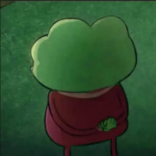 A cartoon drawing of a green-headed character in a red outfit sitting against a dark green background, covering their face with their hands.