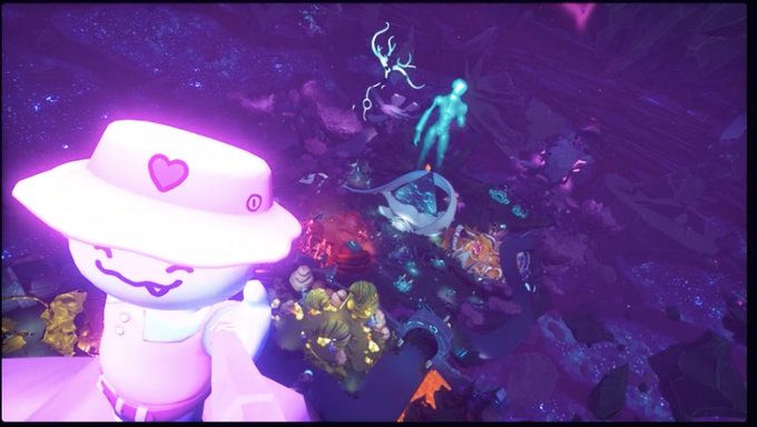 A surreal scene featuring a glowing white character in a pink heart-decorated hat alongside a translucent humanoid figure, set against a dark, colorful cosmic landscape.