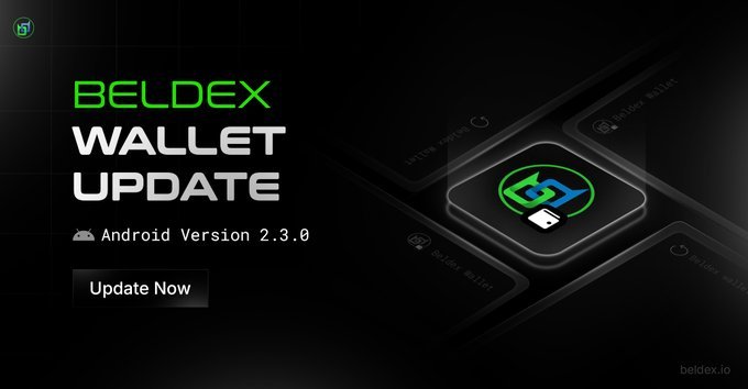 A dark advertisement promotes 'BELDEX WALLET UPDATE' for Android Version 2.3.0, featuring an 'Update Now' button and the beldex.io website.