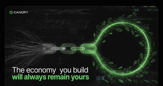 A Canopy-branded graphic shows a glowing green chain forming a circular loop with leaves wrapping around it, alongside the text "The economy you build will always remain yours" — visually reinforcing the post's message that unlike traditional platforms where users become tenants of someone else's ecosystem, Canopy enables creators to own their chain, fees, and user relationships with no possibility of "landlord" extraction.