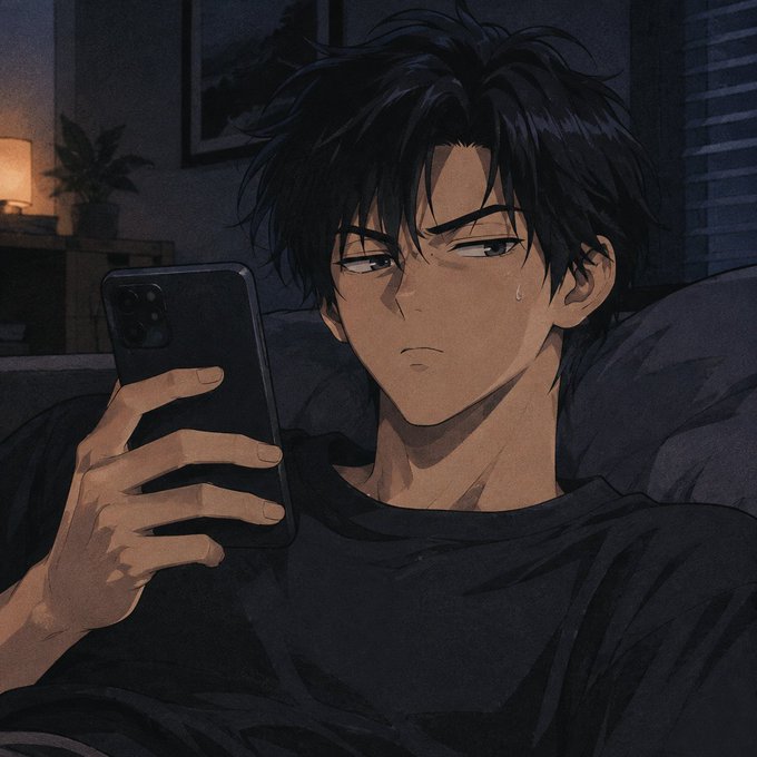 An anime-style digital illustration of a young man with messy black hair and a sweat drop on his face, looking annoyed while holding up a smartphone in a dimly lit room.