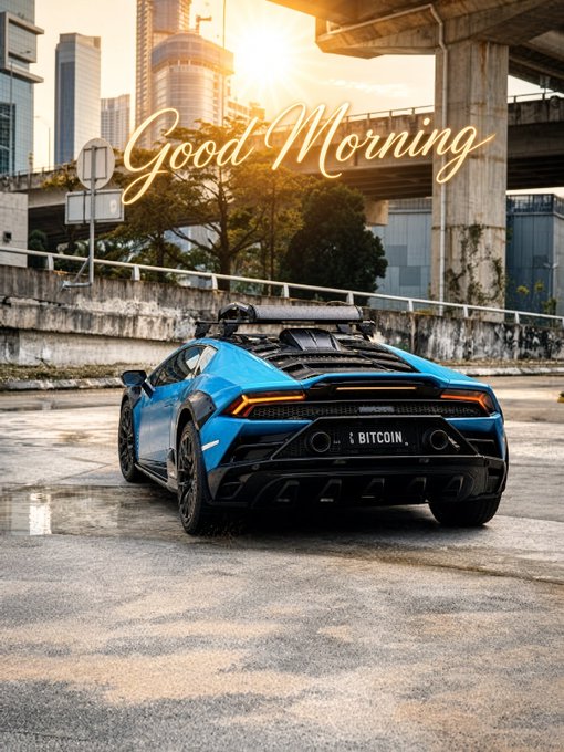 A blue Lamborghini sports car parked under an overpass with a city skyline at sunset, featuring a 'Good Morning' text overlay and a license plate reading 'BITCOIN.'