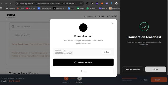 A screenshot of a ballot.gg voting interface on the Stacks blockchain showing a successful 'Vote submitted' confirmation with a transaction ID and 'Transaction broadcast' status.