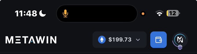 The image shows a dark-themed interface header with the time "11:48," a microphone icon, and a crypto wallet display showing $199.73 in what appears to be Ethereum (ETH), alongside "METAWIN" branding. The accompanying "Please from where" text suggests the user is asking where to view this wallet/balance feature within the Metawin platform.
