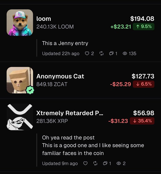 A screenshot of crypto trading entries for 'loom' ($194.08, +9.5%), 'Anonymous Cat' ($127.73, -6.5%), and 'Xtremely Retarded P...' ($56.98, -35.4%).