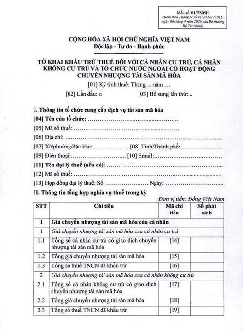 Vietnamese tax form titled 'TỜ KHAI KHAU TRỪ THUẾ ĐỐI VỚI CÁ NHÂN CƯ TRÚ, CÁ NHÂN KHÔNG CƯ TRÚ VÀ TỔ CHỨC, CÁ NHÂN CƯ TRÚ KINH DOANH TẠI SÂN MÁ HÒA' (Tax Deduction Declaration for Residents) with form code 01/TSMH.