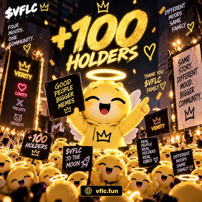 A promotional graphic for '$VFLC' celebrates '+100 HOLDERS' with a central cartoon angel character surrounded by a crowd of similar yellow figures holding signs with phrases like 'GOOD PEOPLE BIGGER MEMES' and 'TO THE MOON'.