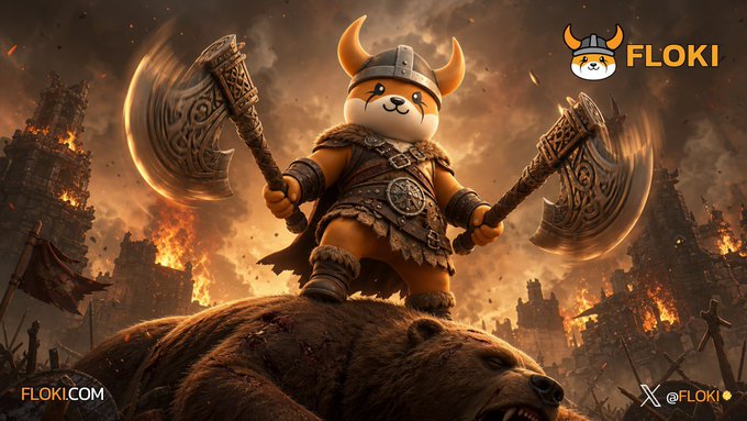 A promotional graphic for FLOKI cryptocurrency featuring an animated Viking dog character wielding dual axes while standing on a bear, with flames and ruins in the background.