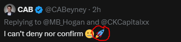 A screenshot of a Twitter/X reply from @CABeyney to @MB_Hogan and @CKCapitalxxx, stating "I can't deny nor confirm" with a highlighted laughing/crying emoji circled in red, suggesting an inside joke or shared knowledge being playfully acknowledged.