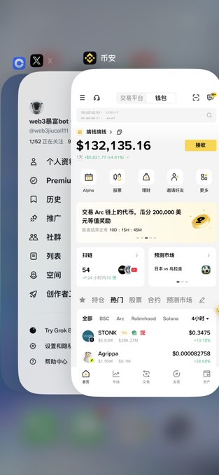A screenshot of a cryptocurrency wallet app in Chinese showing a balance of $132,135.16, with token prices for TON, BSC, and other cryptocurrencies displayed.