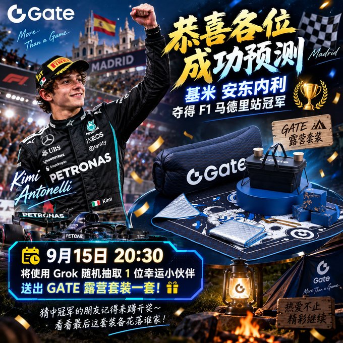 A promotional graphic from Gate.com congratulating 'Kimi Antonelli' for correctly predicting the F1 Madrid Grand Prix winner, featuring his racing suit and a camping prize set to be drawn on September 15 at 20:30 using Grok.
