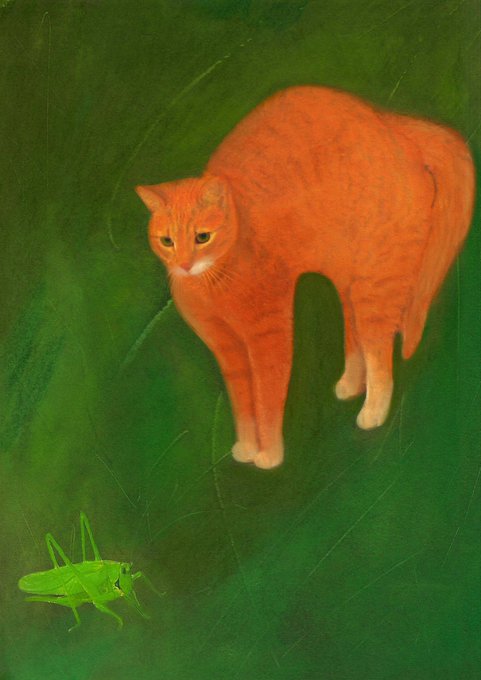 A painting of an orange tabby cat looking down at a green grasshopper on a dark green background.