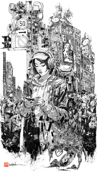 Black and white detailed illustration of a person wearing headphones and a heavy coat, standing in a busy futuristic cityscape while looking at a smartphone, with a dog at their feet.