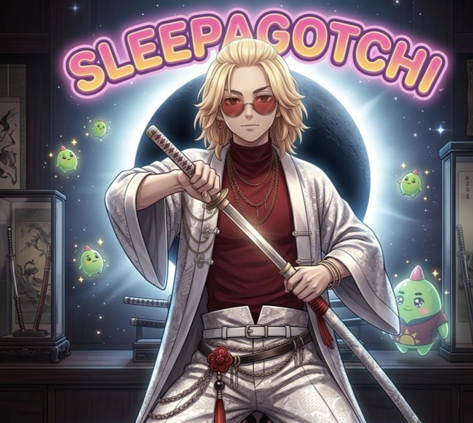Anime-style promotional image featuring a blonde character in a white robe and red sunglasses holding a katana, with "SLEEPAGOTCHI" displayed in glowing pink text above.