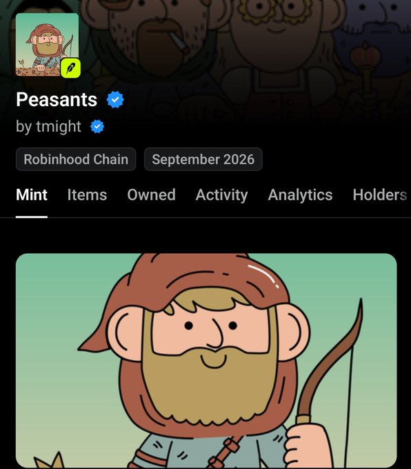A NFT collection page titled "Peasants" by tmight on the Robinhood Chain, featuring a cartoon character with a hood, blonde hair, and a bow. The image aligns with the post about eagerly awaiting the upcoming mint of the "Peasants" collection, showcasing the artwork that will be available.