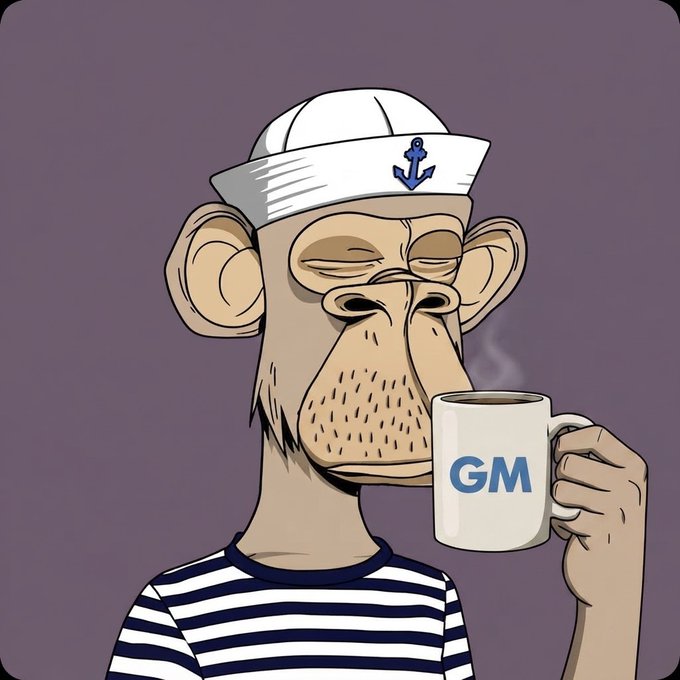 A digital illustration of a cartoon monkey wearing a sailor's hat and a striped shirt, holding a white mug with 'GM' written in blue letters.