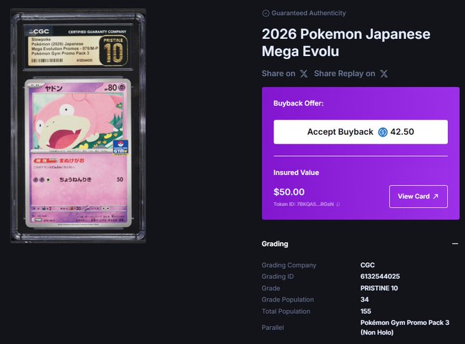 A CGC Pristine 10 graded 2026 Pokémon Japanese Mega Evolution Slowbro card from the Pokémon Gym Promo Pack 3, offered with a $42.50 buyback offer against a $50 insured value, appears in a screenshot shared to tag @Collector_Crypt in a request to help recoup over $6,000 spent on the challenge.