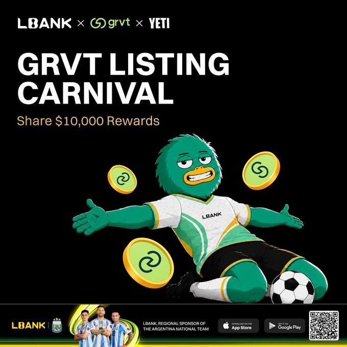 The image is a promotional poster for the "GRVT Listing Carnival" featuring LBank, GRVT, and YETI branding, with the text "Share $10,000 Rewards" highlighting the giveaway. It shows a green furry mascot wearing an LBANK soccer jersey posing with a soccer ball and GRVT-branded coins, visually tying into the post's announcement of the carnival and its promotional rewards like the $100 Futures voucher and trading bonuses.
