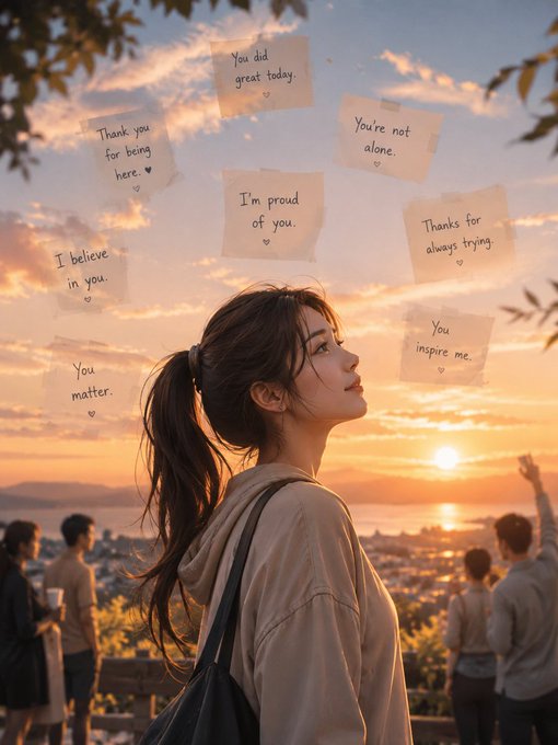 An anime-style illustration of a young woman with a ponytail looking up at floating notes with encouraging messages like 'I'm proud of you' and 'You did great today' against a sunset sky.